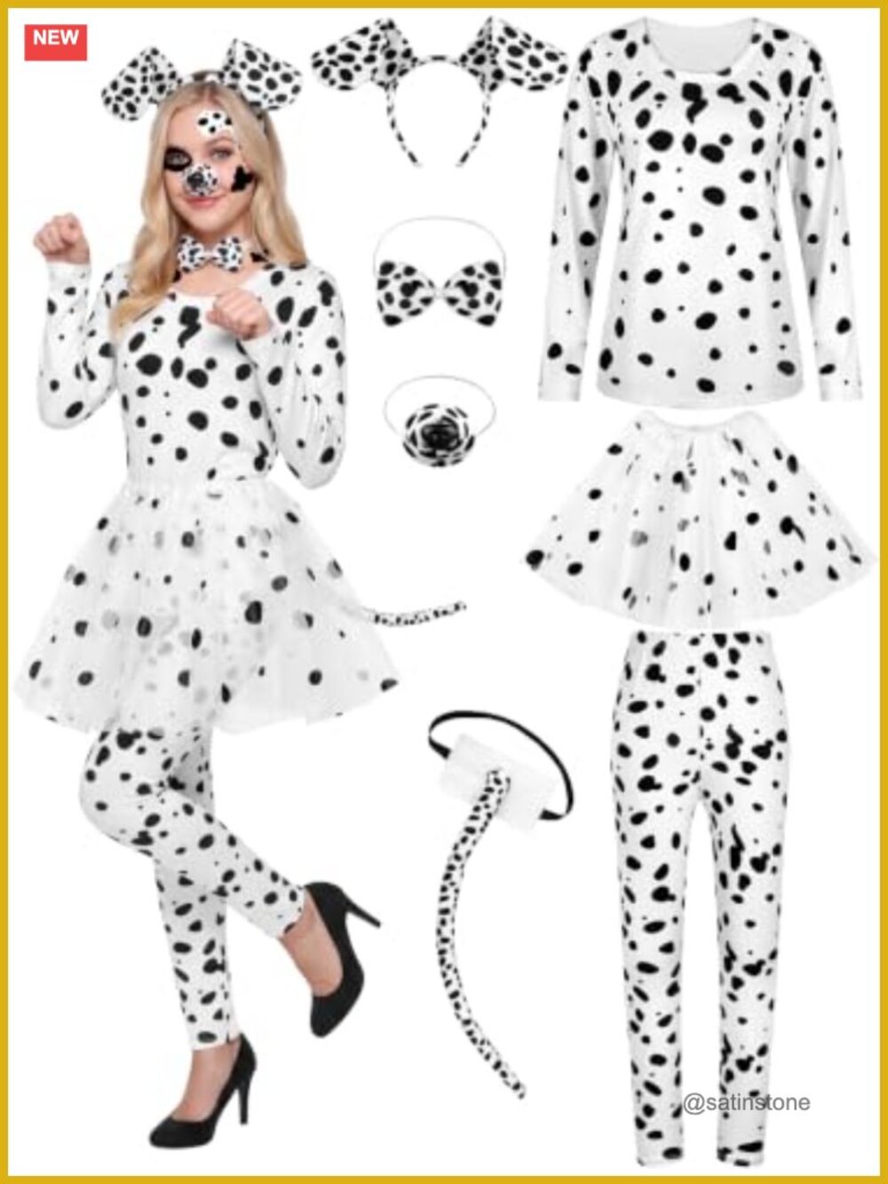 Womens Dalmatian Dog Costume Set 8 Piece Halloween Cosplay Outfit